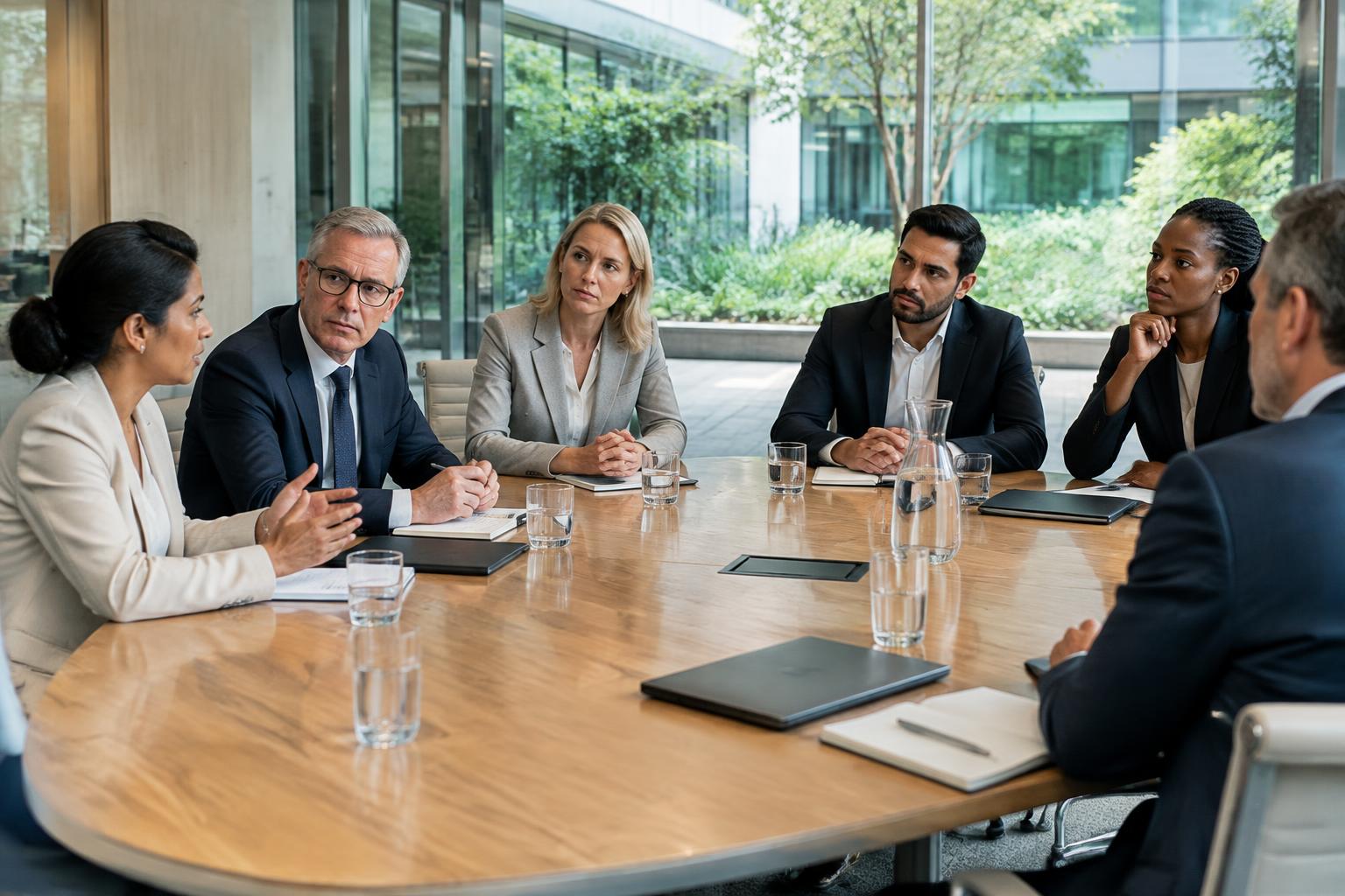 Corporate professionals discussing workplace obligations