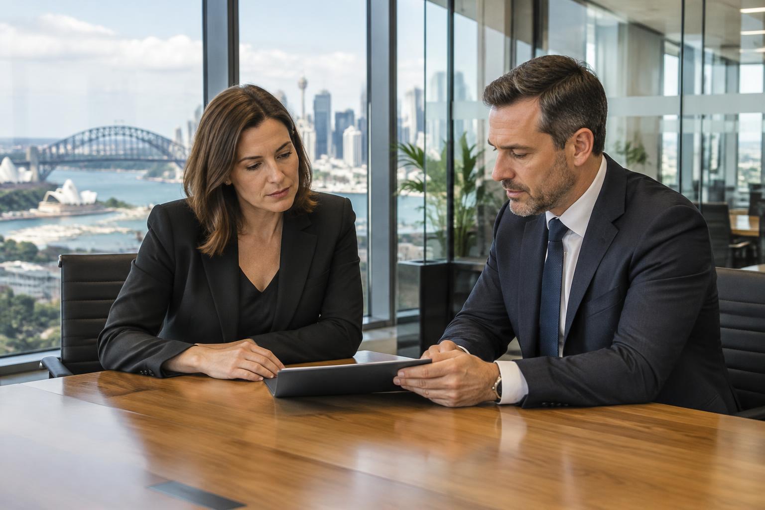 Corporate leaders reviewing a workplace matter in a glass meeting room