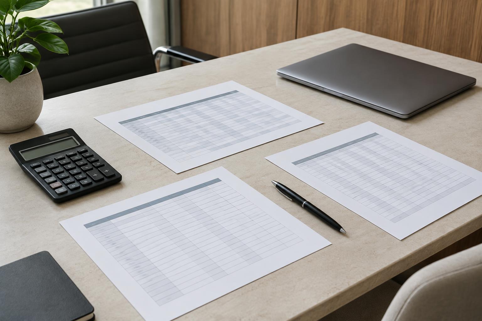 Payroll review papers and calculator on a corporate desk