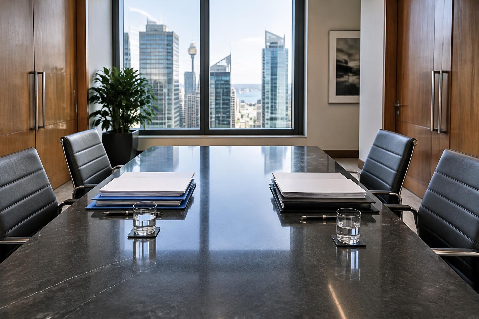 Case papers arranged in a Sydney workplace dispute conference room