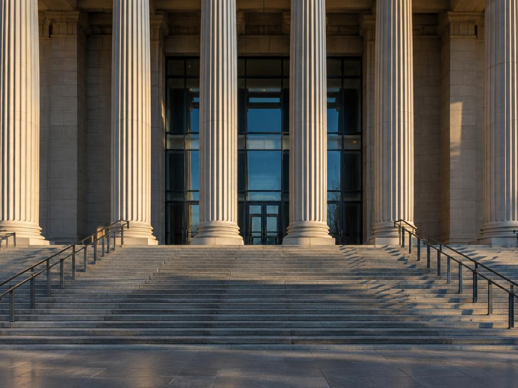 Courthouse steps and columns in morning light