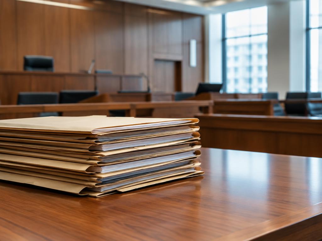 Case files in an empty contemporary courtroom