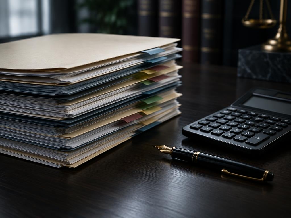 Litigation files, calculator and fountain pen