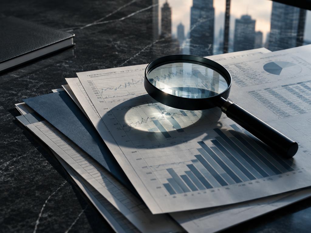 Financial records under review on a dark stone desk