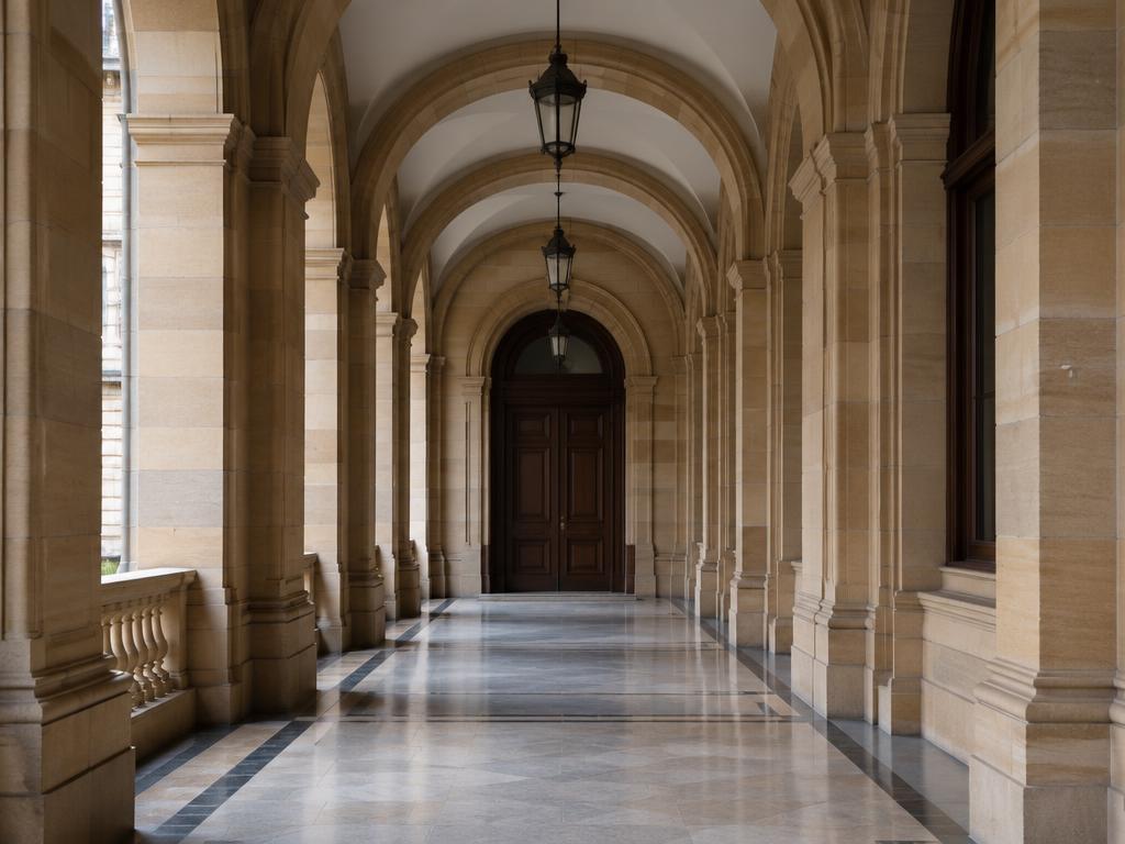 Sandstone government corridor with a closed timber door