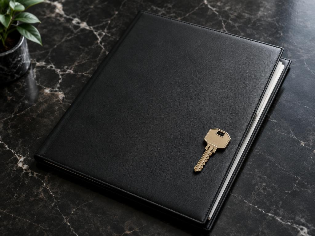 Property title folder and key on a stone desk