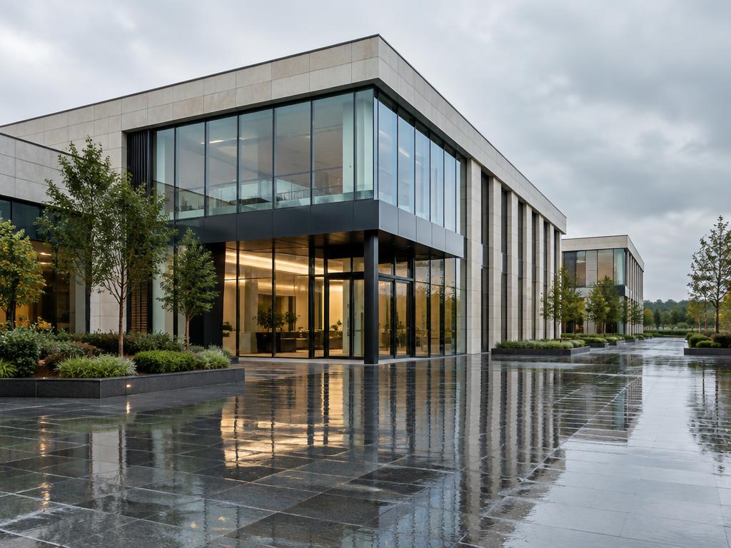 Contemporary commercial building after rain