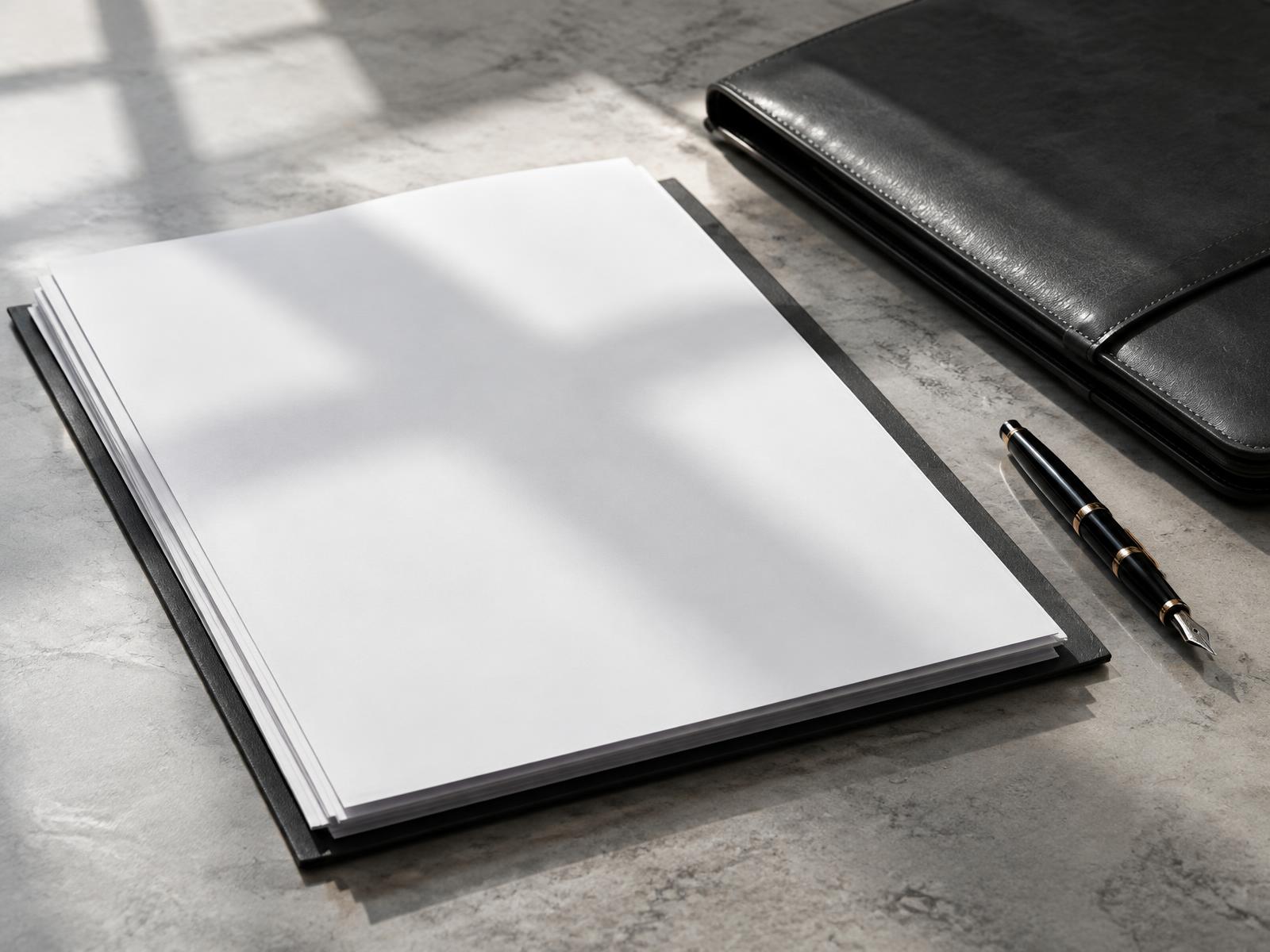 Case papers, leather folio and fountain pen on a stone desk