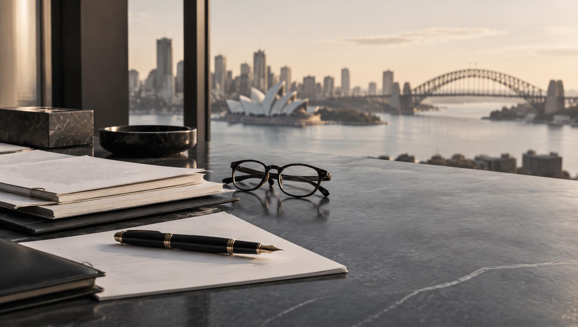 Legal papers and fountain pen overlooking Sydney Harbour